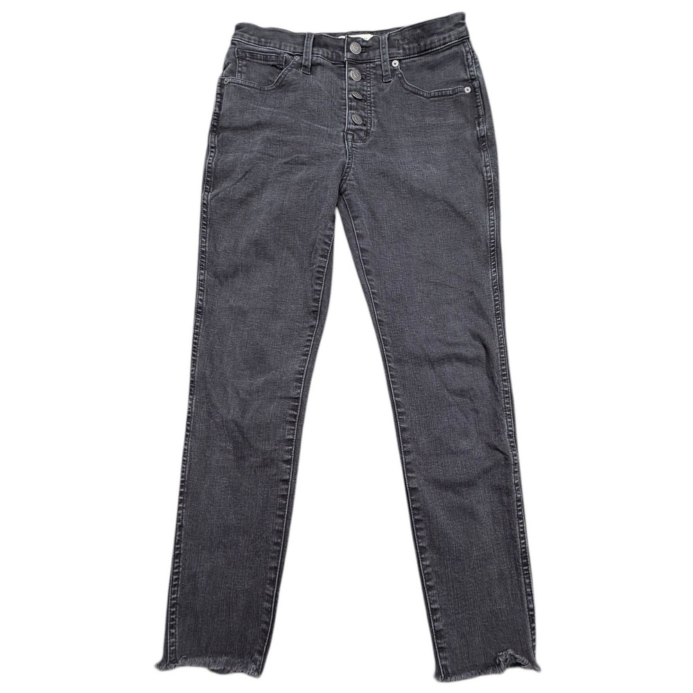 Madewell 10 High Rise Skinny Jeans Black Button Fly Raw Hem Stretch Denim 28P